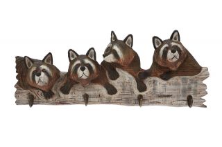 Raccoon Wood Carving Wall Hooks Cabin Rustic Decor