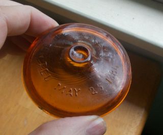 Amber Glass Lid For Globe Fruit Jar Patented May 25 1886 Emb