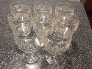 Eight Large Vintage Bartlett Collins Gold Grape Clear With Gold Trim Goblets