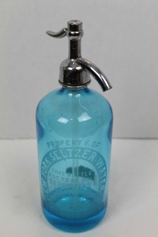 Antique Detroit Michigan York Seltzer Water Co.  Blue Etched Glass Bottle