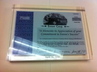 Enron Stock Certificate Minature Encased In Lucite Dated April 14 1998