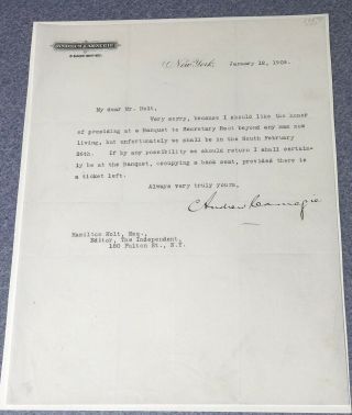 Andrew Carnegie Signed Letter On Personal Letterhead January 12,  1909 Auto