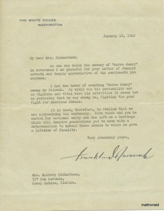 President Franklin D.  Roosevelt 1/10/1940 Letter To Henry Watterson 