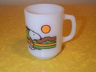 Vintage Peanuts Snoopy Anchor Hocking Milk Glass Mug - Keeping Fit Is Hard Work