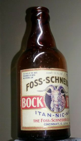 FOSS SCHNEIDER BOCK Steinie Beer Bottle.  IRTP,  Cinncinnati,  OH.  U Permit 1933 - 39 3