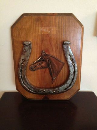 Vintage Huge Iron Horse Shoe On Plaque With Horse Head Award Or Trophy Rare