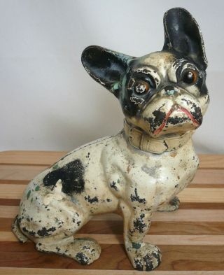 Antique Authentic Hubley Cast Iron French Bulldog Doorstop W/ Paint