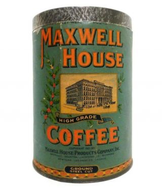 Maxwell House Coffee Vint 1921 Coffee Tin Can,  W/lid/orig Paper Label