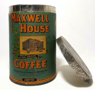 MAXWELL HOUSE COFFEE VINT 1921 COFFEE TIN CAN,  W/LID/ORIG PAPER LABEL 2