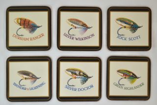 Vintage Pimpernel Leather And Cork Coasters Set Of Six Salmon Fly