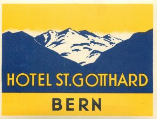 Hotel St.  Gotthard Bern Switzerland Old Luggage Label,  C.  1940