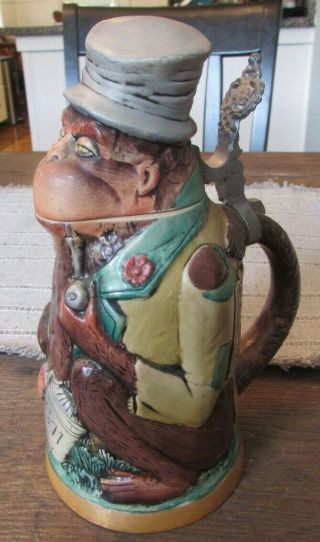 Antique German Porcelain Beer Stein Matthias Grimscheid Drunken Monkey Top Hat