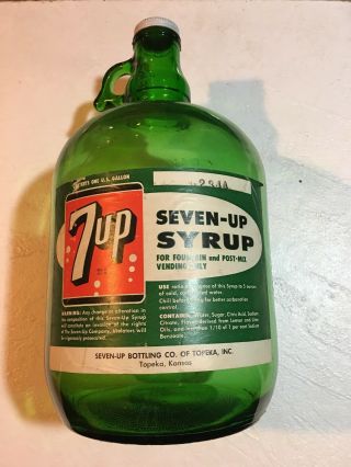 7 - Up Green Glass Soda Fountain Pop Syrup Bottle Lid Gallon Jug Topeka Kansas