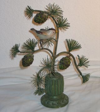 Vintage Italian Tole Bird Sitting In Pine Tree - Hand Painted Metal W Pine Cones