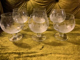 Vtg Set 6 Toscany Etched Crystal Brandy Snifter Glasses Clipper Ship Schooner
