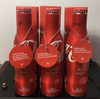 Coca Cola Aluminum Bottle Set Of 3 Christmas 2017 Brazil Limited Edition