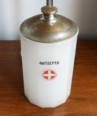 Antique Vintage Barber Shop Antiseptic Milk Glass Jar Signed Jhk With Top