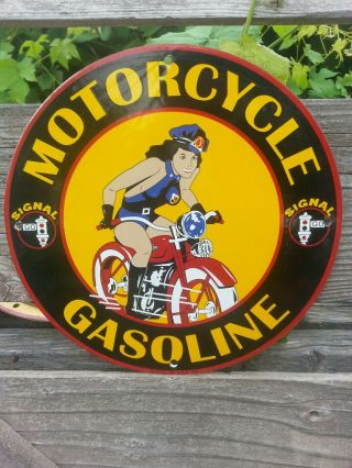 Vintage 1948 Signal Motorcycle Harley Davidson Porcelain Sign Gas Oil Cop Nos