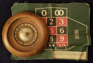 Antique Wooden Roulette Wheel Craps Mat Traveling Gambling Casino Collectible