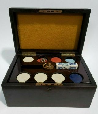 Antique Wood Poker Box Set Mahogany Cherry Bakelite Chips Cards? Look