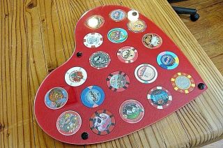 Acrylic Red Heart Casino Chip Display - 19 Chips - About 10 1/2 X 12 " - Back Hangers