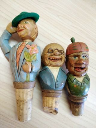 3 Vintage Hand Carved Wood Bottle Cork Stoppers Barware Old German
