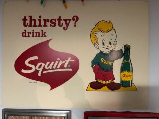 Rare Beautiful1959 Squirt Cardboard Advertising Sign Boy Thirsty? Drink Squirt