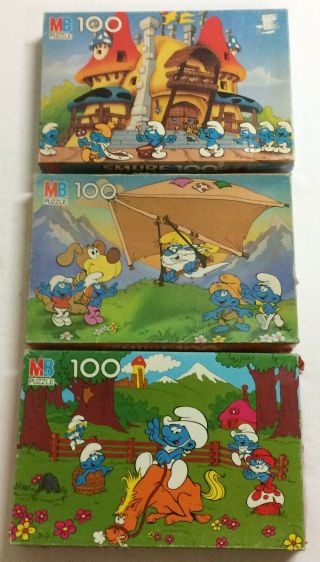 3 Vintage Smurfs Puzzles 100 Complete Milton Bradley Peyo 1982