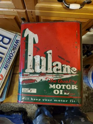 Vintage 1930s Tulane Oil Old Tin Metal Can W/ Car Graphic Sign Rare 2 Gallon