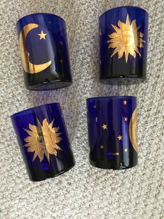 Set Of 4 Vintage Culver Cobalt Blue 22k Gold Celestial Moon Stars Highball Glass