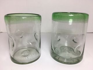 Set Of 2 Green Trim Pinched Hand Blown Mexican Style Glasses Tumblers 12 Oz.