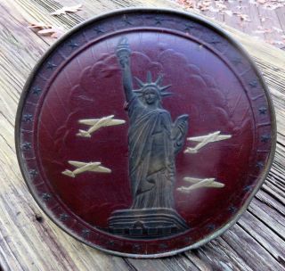 Statue Of Liberty Biscuit Tin Wwii Airplanes Leather Top W/10 Historical Panels