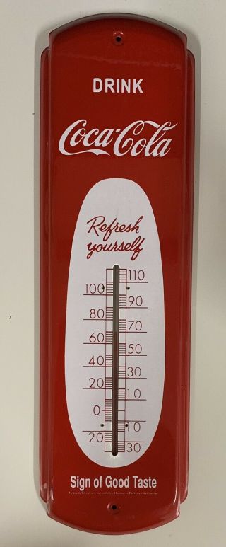 Vintage 17 " Coca - Cola Red & White Metal Thermometer Sign Refresh Yourself