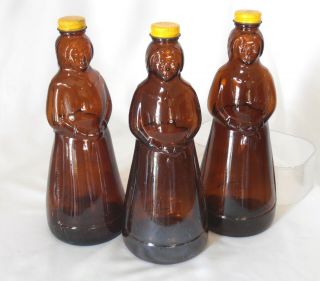 3 Vintage Aunt Jemima Mrs Butterworth Brown Glass 10 " Syrup Bottles Metal Lids