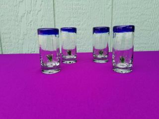 Tequila Shot Glasses Hand Blown COBALT BLUE RIM with Agave Set of 4 4