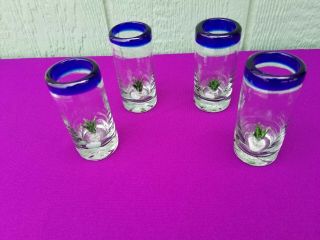 Tequila Shot Glasses Hand Blown COBALT BLUE RIM with Agave Set of 4 8