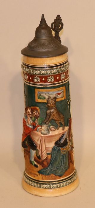 German Pottery Lidded Beer Stein Aufgepakt Ein Froher Gast Terrier Dog On Table