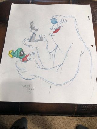Virgil Ross Sketch - Bugs Bunny And Marvin Martian Being Held.  Signed 12.  5x10.  5”