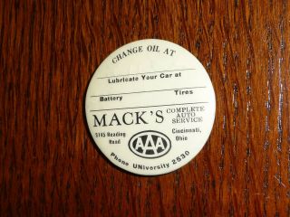 Vintage Celluloid Pinback Advertising Oil Change Reminder Visor Tag Mack 