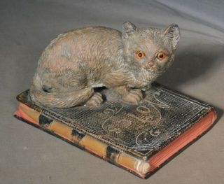 Antique Austrian Polychrome Terracotta Ceramic Cat Kitten Book Glass Eyes Statue