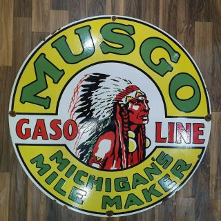 Musgo Gasoline Vintage Porcelain Sign 30 Inches Round