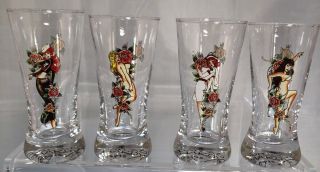 Don Ed Hardy Designs 2 Fl Oz Tall Shooters Shot Glasses Set Of 4 Pin - Up Girls