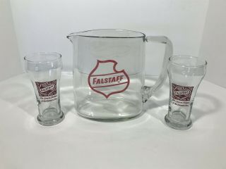 Vintage Falstaff Beer Pitcher W/two Falstaff Beer Glasses Barware