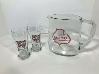 Vintage Falstaff Beer Pitcher w/Two Falstaff Beer Glasses Barware 8