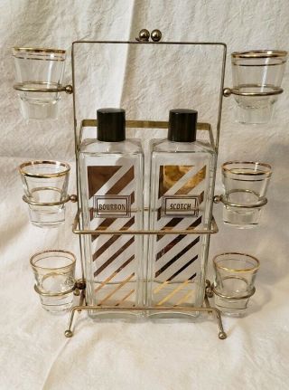 Vintage Bourbon Scotch Decanter Set Portable Bar Carry Caddy And 6 Shot Glasses