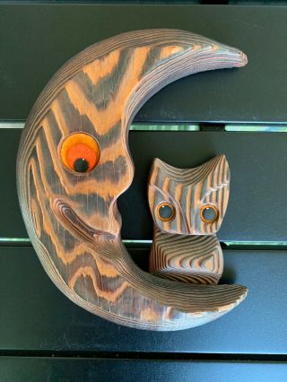 Vintage Retro Wooden Carved Owl Crescent Moon Wall Art