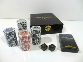 True Religion Designer Poker Set Gift Box - Gold Cards - Dice - Clay Chips Rare