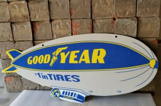 Vintage Goodyear Tires Porcelain Gas Large Blimp Service Sales Double Sided Sign