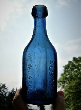 Iron Pontiled Cobalt Blue Wm.  W.  Lappeus Water Bottle Soda Bottle Albany,  N.  Y.