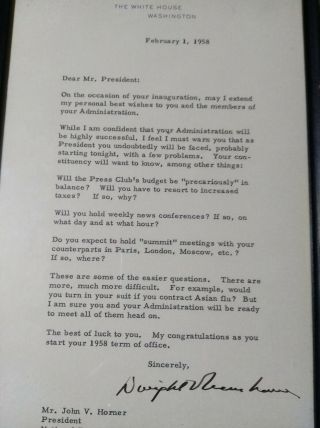 1958 Signed Framed Letter From President Eisenhower W/white House Letterhead
